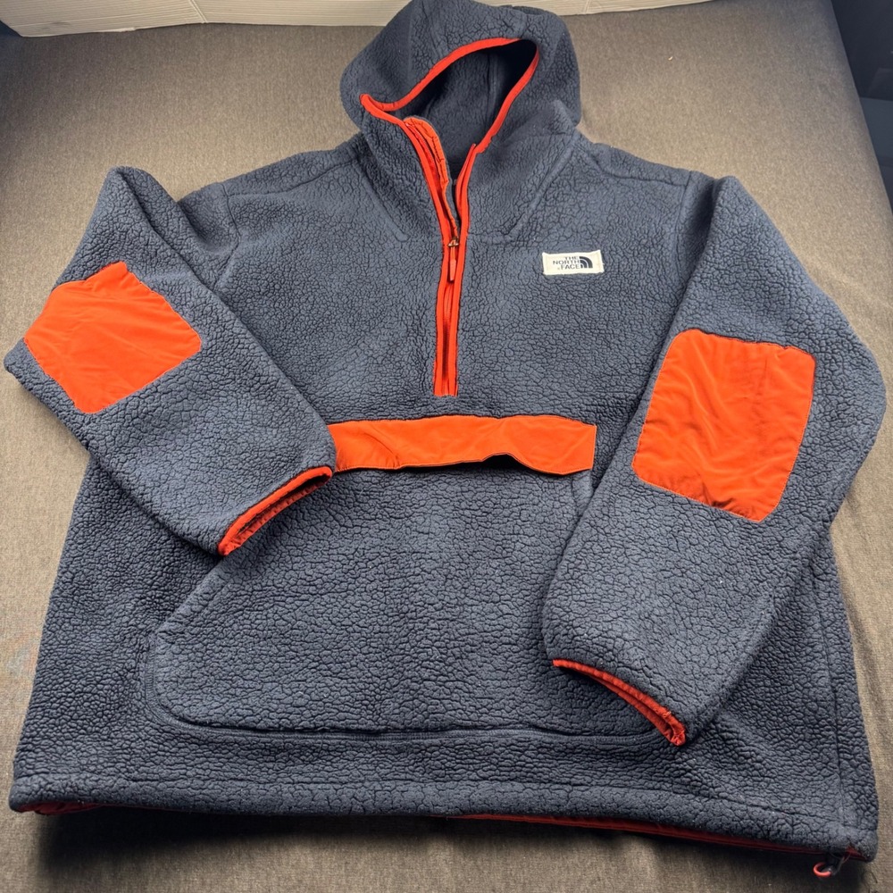 The North Face Mens XXL Sherpa Fleece Anorak Quarter Zip Hoodie Navy RED